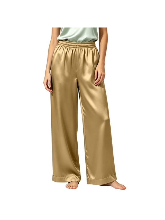 Women's Satin Wide Leg Pants Elastic High Waist Silky Wrinkle Resistant Loose Cuffed Hem Fit Gold M