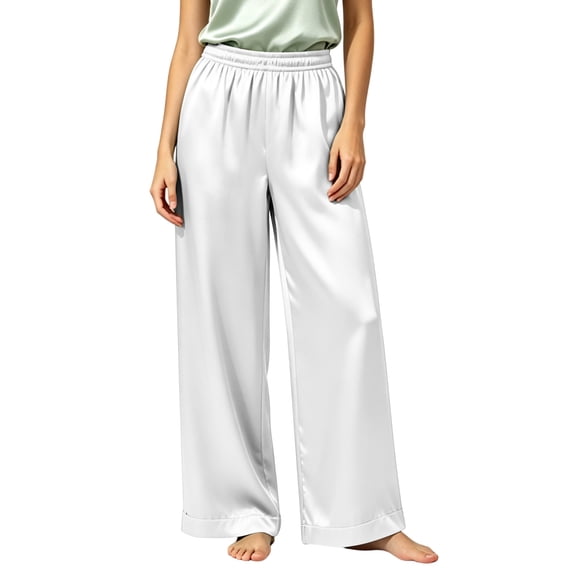 Women's Satin Wide Leg Pants Elastic High Waist Silky Wrinkle Resistant Loose Cuffed Hem Fit White XL