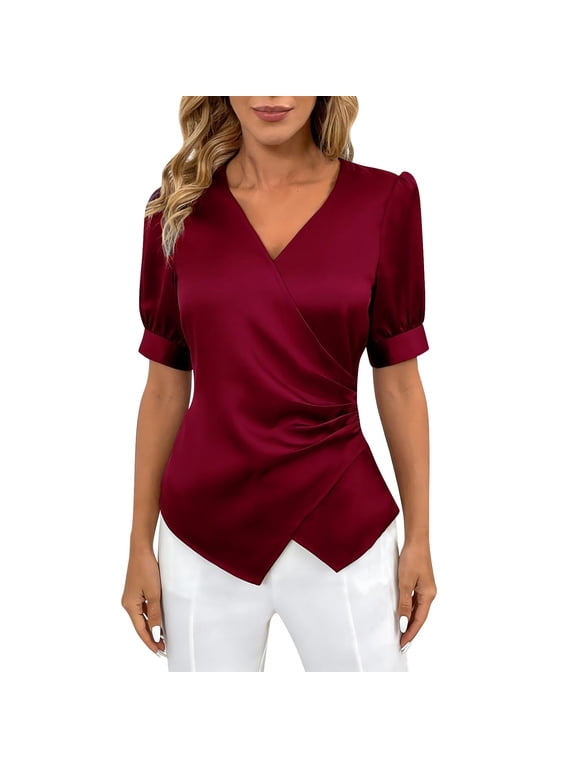 Women's Satin Wrap Blouse Petal Wrap Blouses Slim Fit Work Office Tops Short Puff Sleeve Tops V Neck Business Tops Short Sleeve Casual Tops Side Ruched Elegant Tops Crop Top,Wine,L