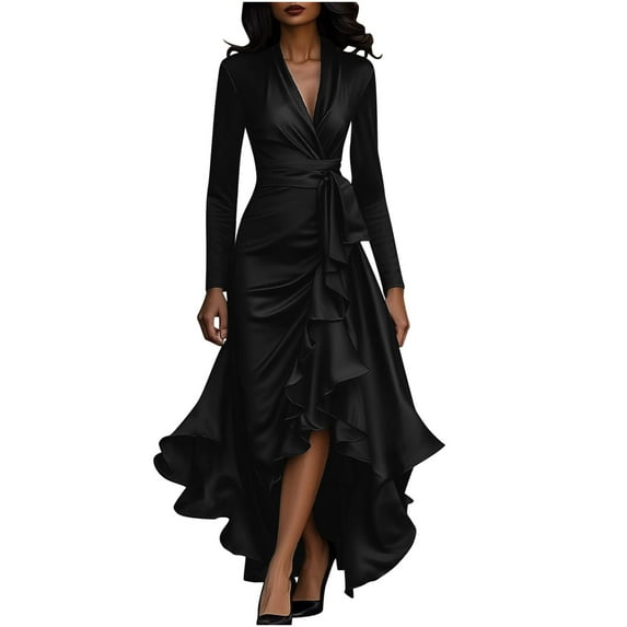 Women's Satin Wrap Maxi Dress Elegant V Neck Long Sleeve Ruffle Hem Formal Cocktail Wedding Guest Dress,Black,L