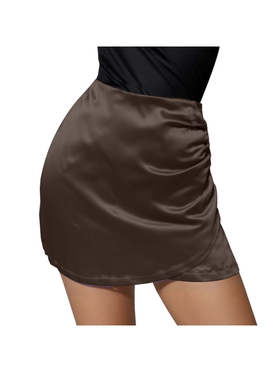 Women’s Satin Wrap Skirt Asymmetrical Pleated Solid Color Midi Flowing High Waist Elegant Casual Summer Spring Fall Dressy
