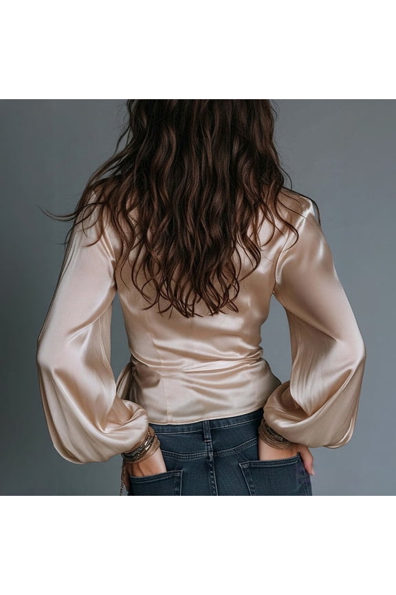 Women's Satin Wrap V-Neck Blouse, Side Tie Ruched Cropped Top with Puff Long Sleeves, Elegant Glossy Slim Fit Shirt for Date Night Work Commuting Beige