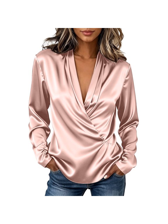 Women's Satin Wrap V Neck Long Sleeve Blouse Soft Silky Casual Office Classy Top Comfort