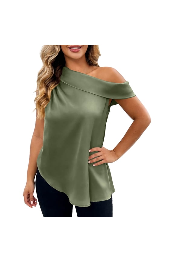 Women’s Satin off Shoulder T-Shirt Fashion Asymmetrical Hem Sleeveless Blouses Elegant Comfy Tops ,Green-a,XL