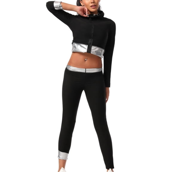 Women’s Sauna Suit 2 Piece Set Zip-Up Hoodie Long Sleeve Sweat Training Outfit