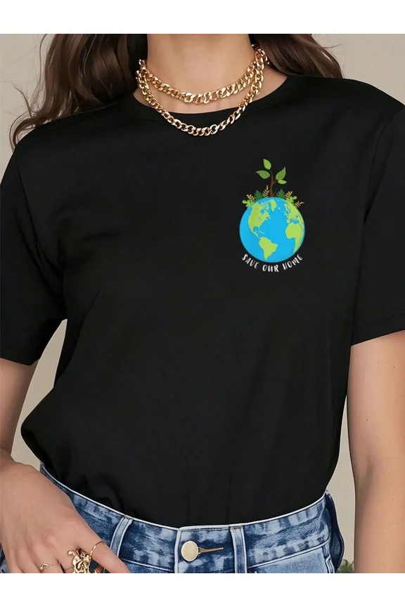 Women's Save Our Home Earth Day Graphic T-Shirt Retro Nature Inspired Eco-Friendly Short Sleeve Casual Black Tee