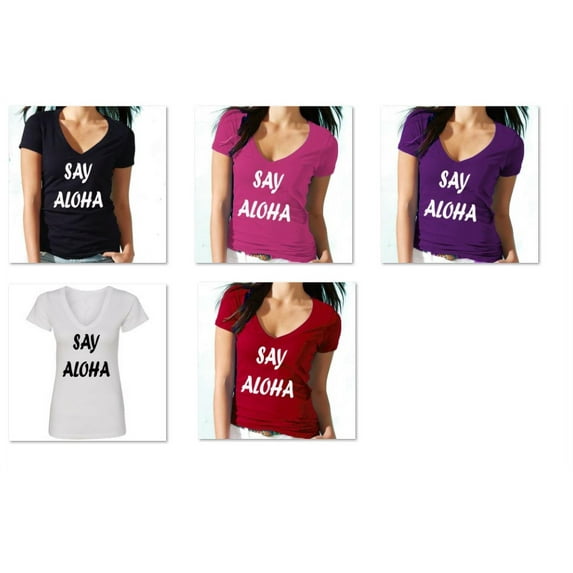 Women's Say Aloha Printed Design Vocation V-neck T-shirt Short Sleeve T-Shirt Soft and Comfy Shirt, Lightweight Shirt White Funny Tee Medium