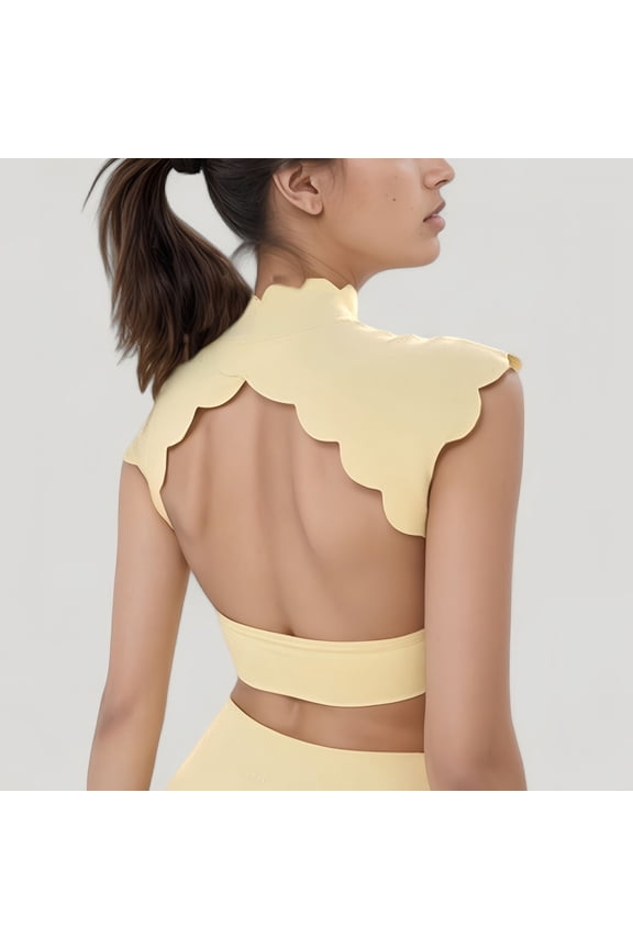 Women's Scallop Edge High Neck Cropped Top with Cap Sleeves and Open Back Detail - Large, Yellow