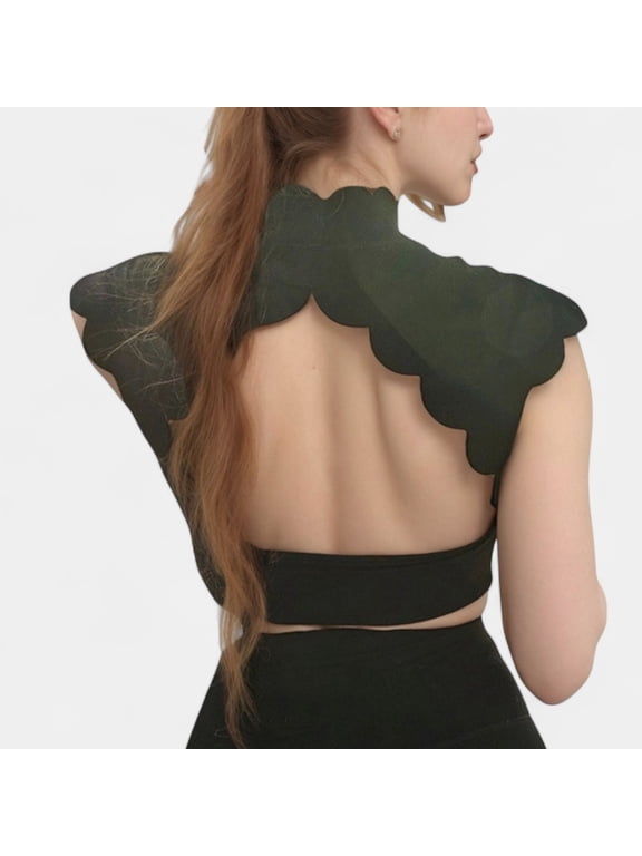 Women's Scallop Edge High Neck Cropped Top with Cap Sleeves and Open Back Detail - X Large, Black