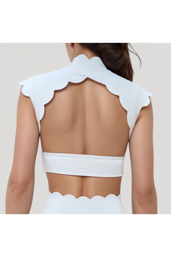 Women's Scallop Edge High Neck Cropped Top with Cap Sleeves and Open Back Detail - X Large, White