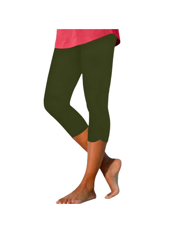 Women's Scallop Hem Capri Leggings High Waist Stretch Cropped Leggings for Casual Wear