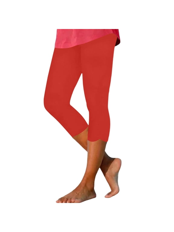 Women's Scallop Hem Capri Leggings High Waist Stretch Cropped Leggings for Casual Wear