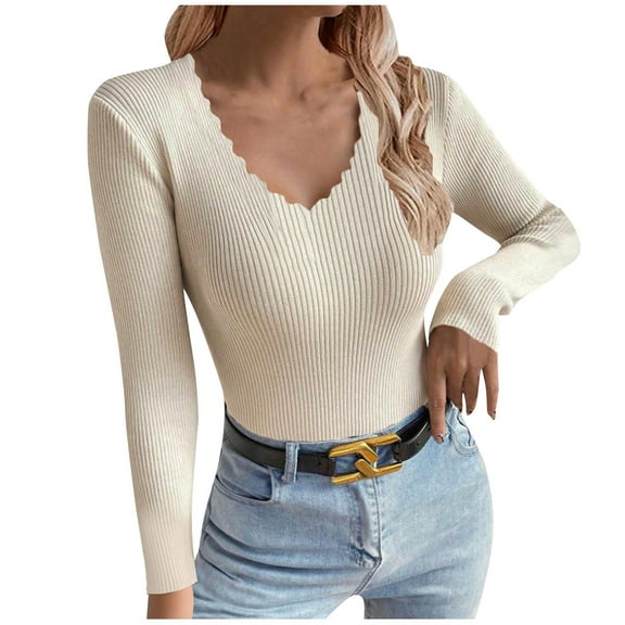 Women's Scallop Trim Blouse V Neck Long Sleeve Ribbed Knit Top Slim Fit Casual Shirt Khaki S