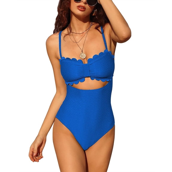 Women's Scallop Trim One Piece Swimsuit Sexy Cutout Bathing Suit Tummy Control Slim Monkini