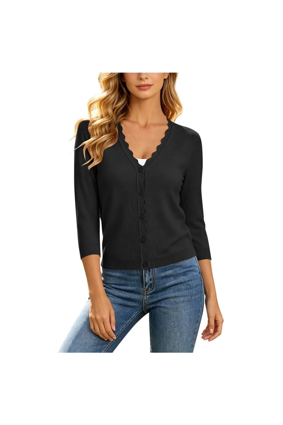 Women's Scalloped 3/4 Sleeve Cardigans Lightweight Casual Button Down Knitted Shrugs Sweater Tops