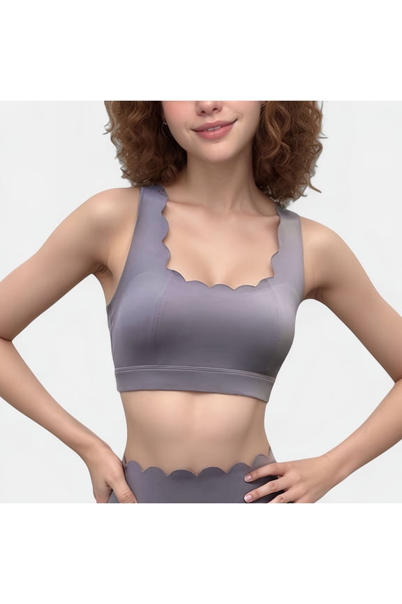 Women's Scalloped Edge Sports Bra Top with Wide Straps and Soft Stretch Fabric - Medium, Gray