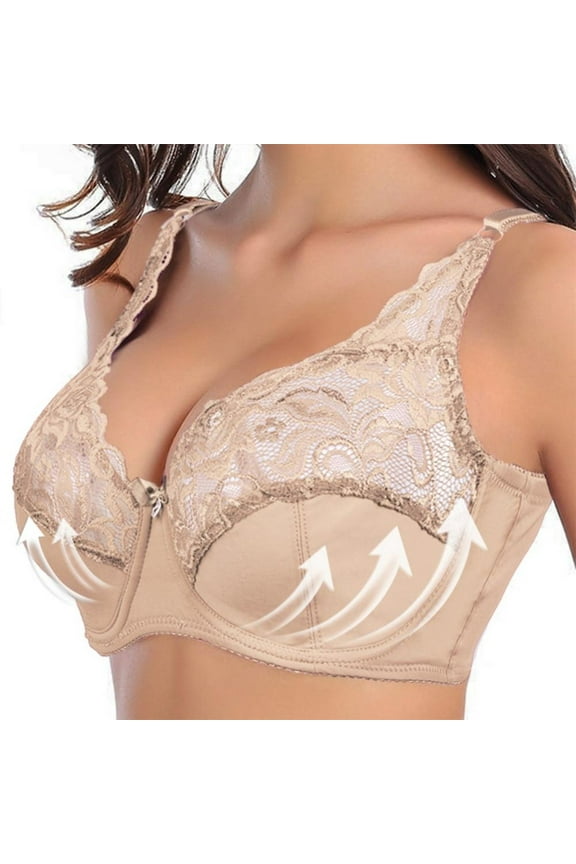 Women's Scalloped Lace Bra Embroidery Floral Bralette Underwire Minimizer Bras Unlined 3/4 Cups Bra Non-Padded Plus Size Sexy Push up Brassiere Lingerie(Beige,42/95C)