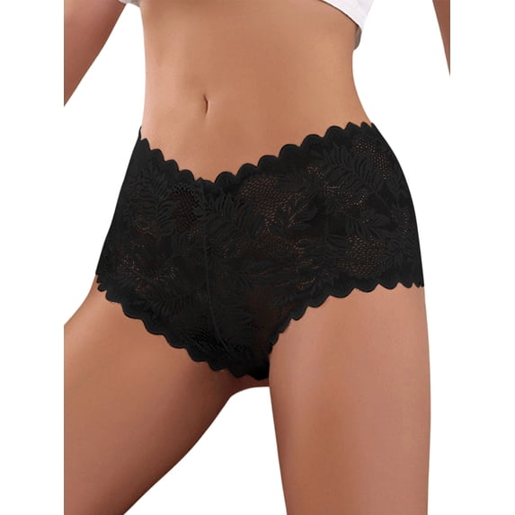 Women's Scalloped Leaf Lace Mid Rise Hipster Panties Black S