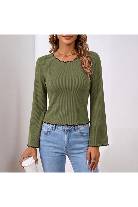Women's Scalloped Neck Flared Long Sleeve Ribbed Knit Fitted Top, Stretchy Slim Basic Layering Sweater M