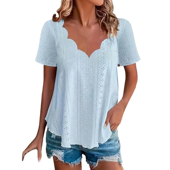 Women's Scalloped V-Neck T-Shirt - Summer Casual Short Sleeve Blouse Lightweight Breathable Cotton for Beach & Vacation, Sky Blue Casual Solid Color Scallops V Neck Women's Tops Comfortable
