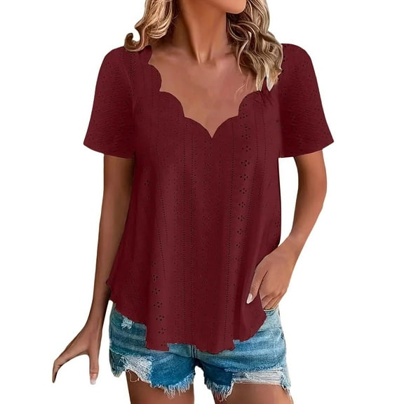 Women's Scalloped V-Neck T-Shirt - Summer Casual Short Sleeve Blouse Lightweight Breathable Cotton for Beach & Vacation, Wine Casual Solid Color Scallops V Neck Women's Tops Comfortable Breathable