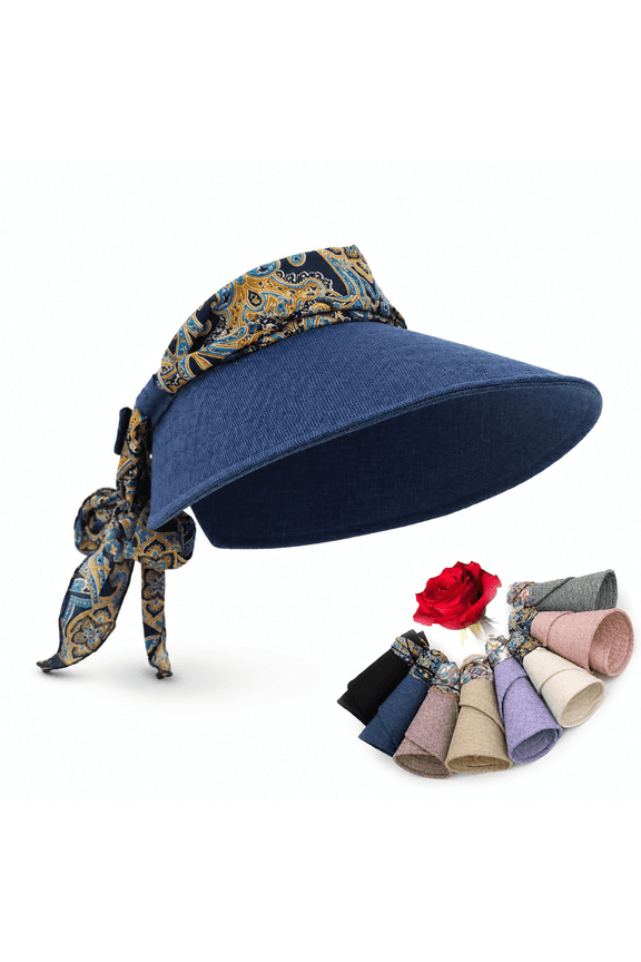 Women's Scarf Accent Visor Hat, Adjustable 56 to 58 cm Wide Brim Foldable Sun Visor for Travel, Beach and Walking,Navy Blue