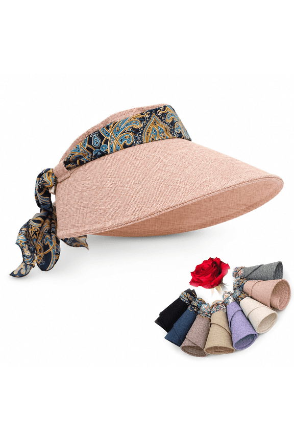 Women's Scarf Accent Visor Hat, Adjustable 56 to 58 cm Wide Brim Foldable Sun Visor for Travel, Beach and Walking,Pink