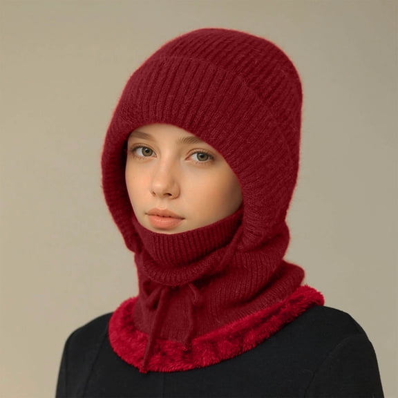 Women's Scarf Face Mask One-piece Knitted Hat With Thick Velvet Insulation And Warm Woolen Hat, Red