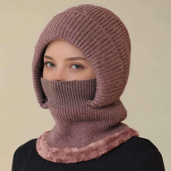 Women's Scarf Face Mask One-piece Knitted Hat With Thick Velvet Insulation And Warm Woolen Hat, Watermelon Red