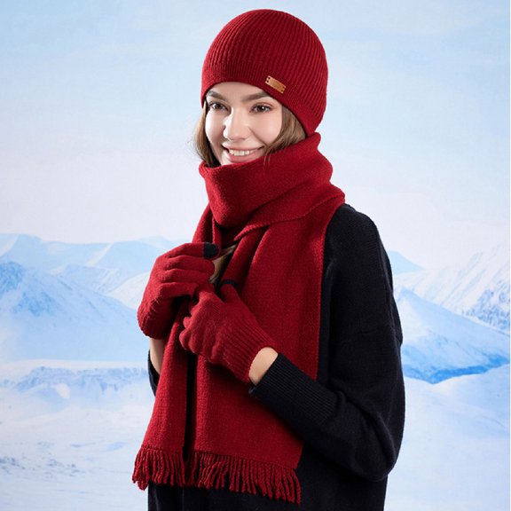 Women's Scarf Hat Gloves Set Winter Fashion Warm Earmuffs Knitted Hat Long Scarf Touch Screen Gloves 3pc Outfits Mens Winter Riding Gloves Leather Red One Size