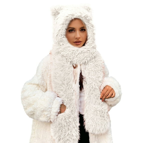 Women's Scarf Hat And Gloves Set Winter Flannel Hat Hood Hat Scarf 2 In 1 Hooded Scarf For Women White Hat With Ears, Women's Accessories Scarf ,Hat,& Gloves