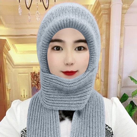 Women's Scarf Hat Integrated, Plush Lined Knit Beanie with Neck Warmer, Windproof Cold Weather Ear Flap Hat, Thermal Winter Cycling Cap, Unisex Winter Accessory - Grey