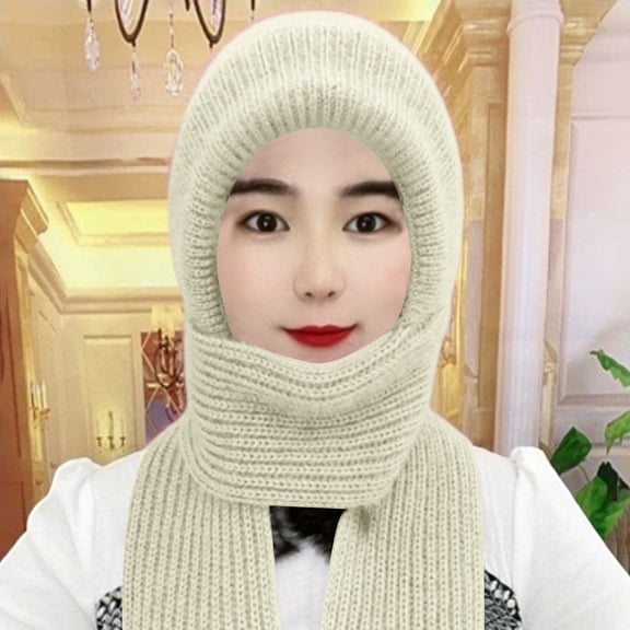 Women's Scarf Hat Integrated, Plush Lined Knit Beanie with Neck Warmer, Windproof Cold Weather Ear Flap Hat, Thermal Winter Cycling Cap, Unisex Winter Accessory - White