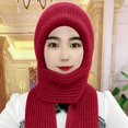 thumbnail image 1 of Women's Scarf Hat Integrated, Plush Lined Knit Beanie with Neck Warmer, Windproof Cold Weather Ear Flap Hat, Thermal Winter Cycling Cap, Unisex Winter Accessory - Brick Red, 1 of 4