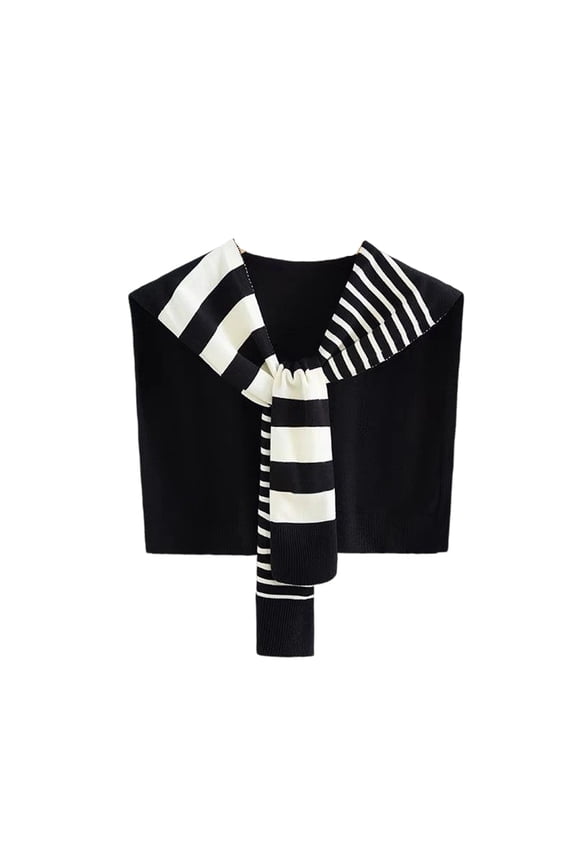 Women's Scarf with Shirt Collar Detail, Striped Knit Infinity Loop, Unique Layering Piece for Blouses or Sweaters Lightweight Accessory for Work or Weekend. Black 1PC