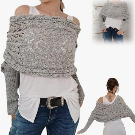 Women's Scarf with Sleeves,Knitted Cable Wrap,Knitted Cable Wrap, Multifunctional Knitted Double Sleeve Scarf for Women, Sweater Scarf with Sleeves,Light Gray