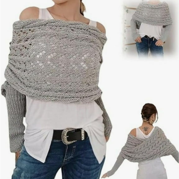 Women's Scarf with Sleeves,Knitted Cable Wrap,Knitted Cable Wrap, Multifunctional Knitted Double Sleeve Scarf for Women, Sweater Scarf with Sleeves,Light Gray