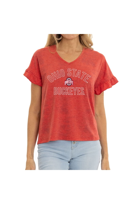 Women's Scarlet Ohio State Buckeyes Daisy Ruffle Sleeve V-Neck T-Shirt