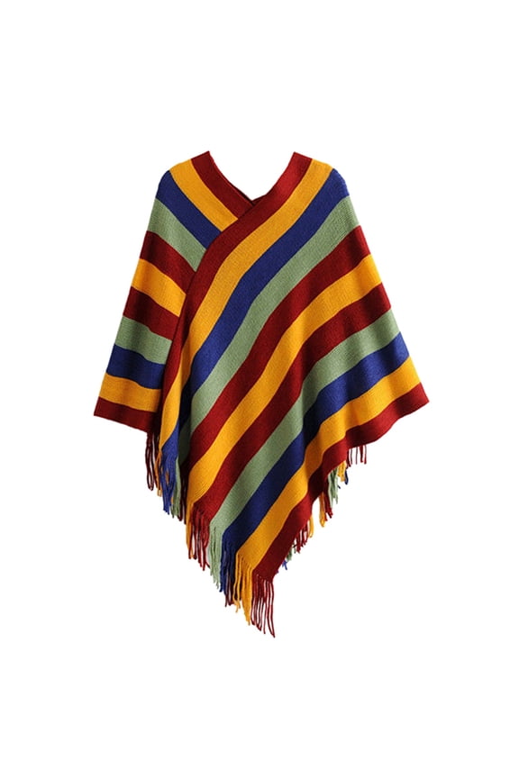 Women's Scarves Womens Colourful Pullover Sweater Cloak Tassels Other Scarves & Shawls Knitwear Loose Poncho Sweater Irregular Hem Splicing Wraps The Shawl, Women's Accessories Scarf