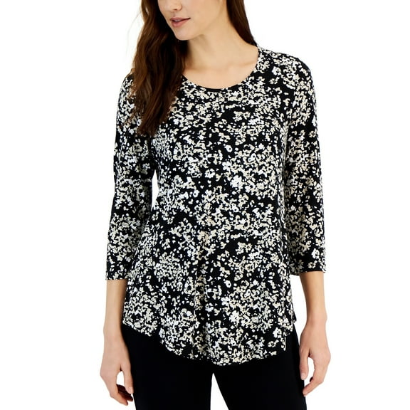 Women's Scoop Neck 3/4 Sleeve Printed Knit Top Deep Black Combo S