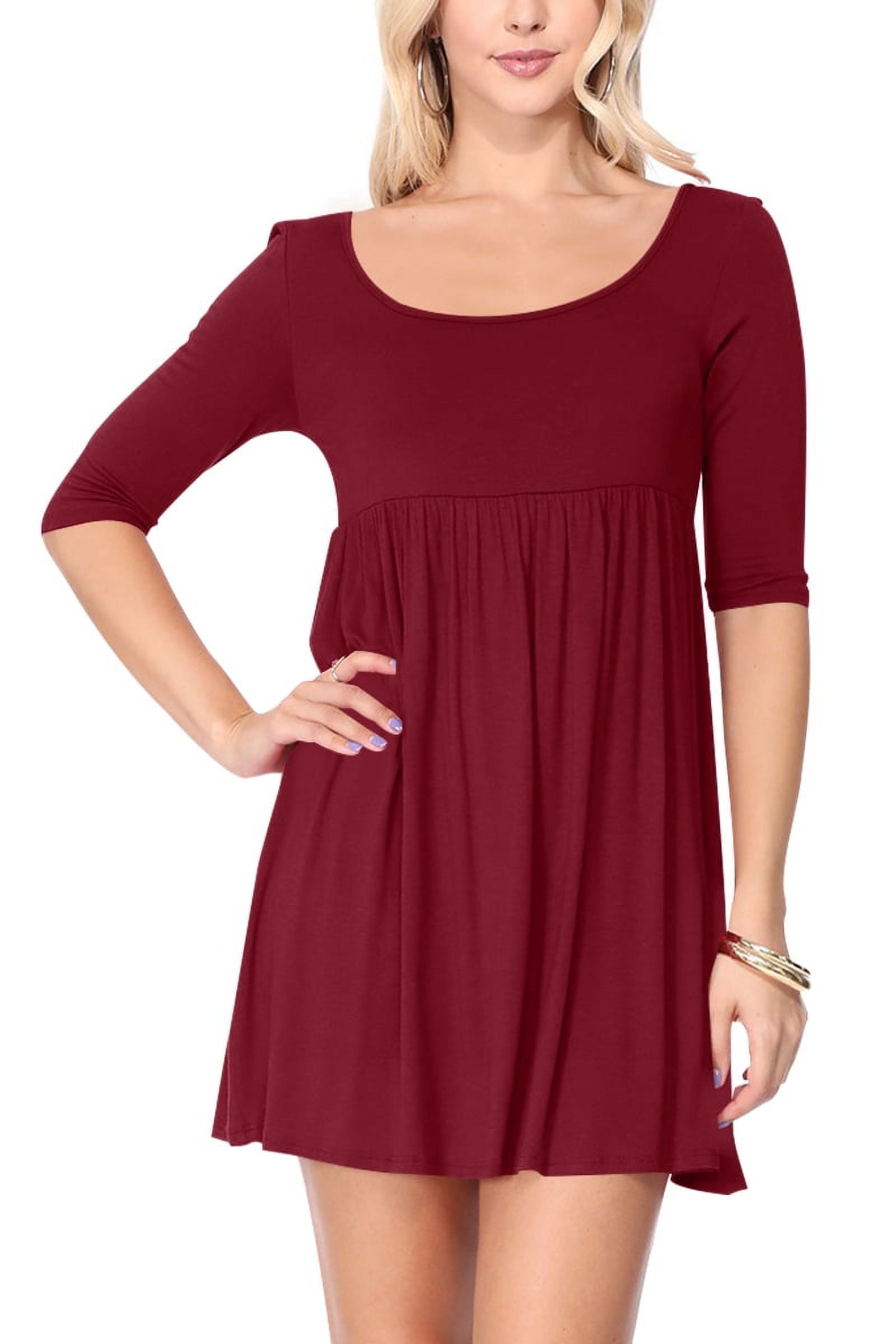 dark brown patterned scoop neck babydoll dress with quarter sleeves Women's Scoop Neck 3/4 Sleeve Relaxed Fit Babydoll Mini Dress