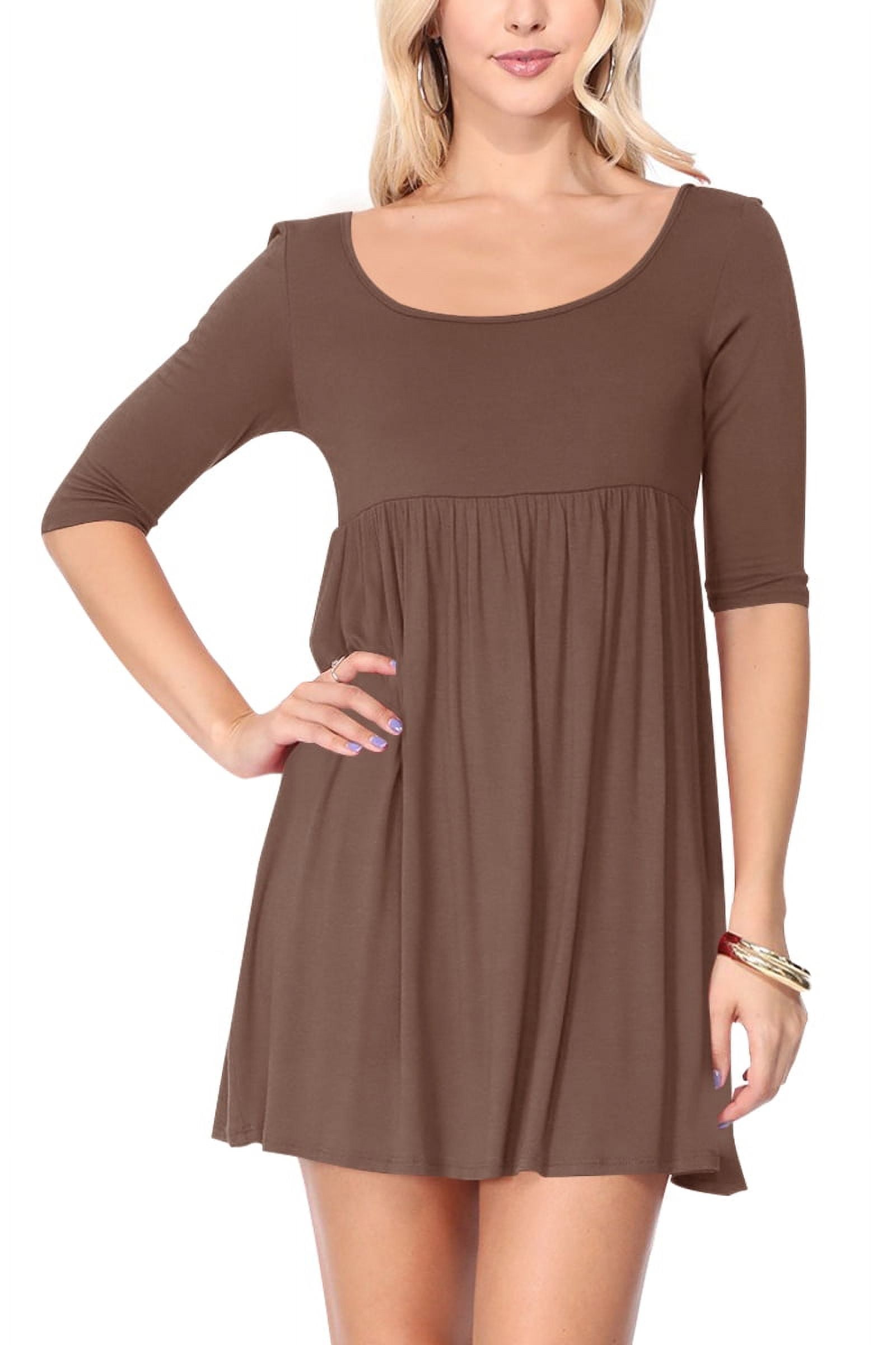 Women's Scoop Neck 3/4 Sleeve Relaxed Fit Babydoll Mini Dress