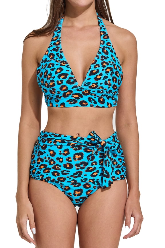 Women's Scoop Neck Crop Top High Cut Bikini Set Swimsuits, Blue Leopord