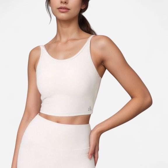 Women's Scoop Neck Cropped Activewear Tank Top with Wide Straps and Clean Hem Detail - Medium, Off White