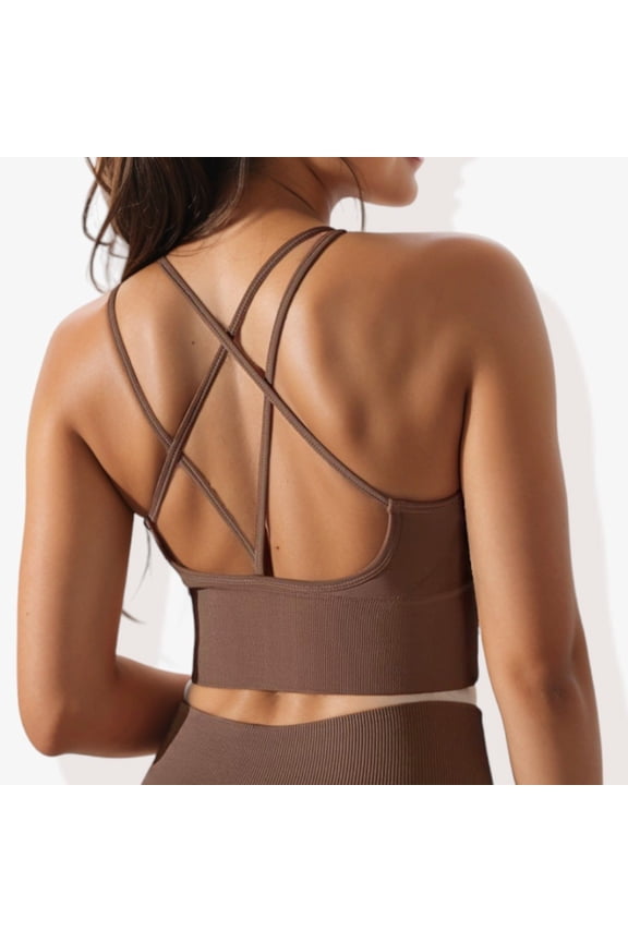 Women's Scoop Neck Cropped Rib Knit Seamless Criss Cross Back Sports Bra-Medium, Brown