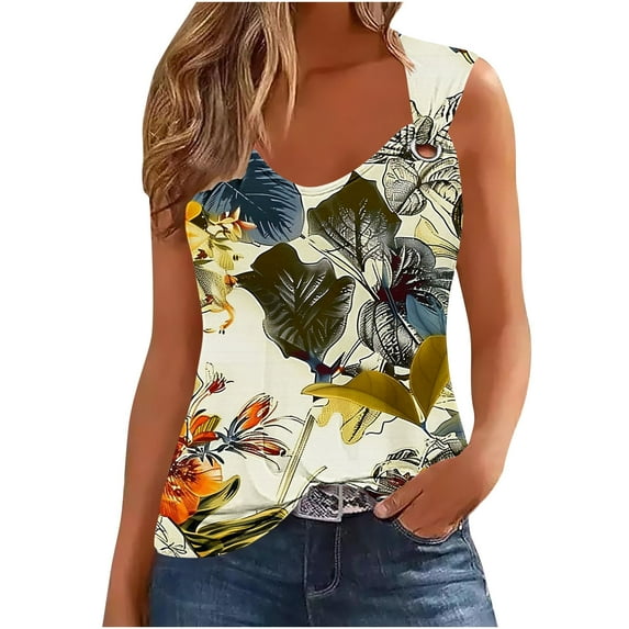 Women's Scoop Neck Elegant Going out Blouse Vintage Fashion 2024 Flora Print Tank Tops Sleeveless Loose Fit Flowy Tunic Tops Dressy Casual Tops for Lady Summer Clothes for Teen Girls Brown T Shirts S