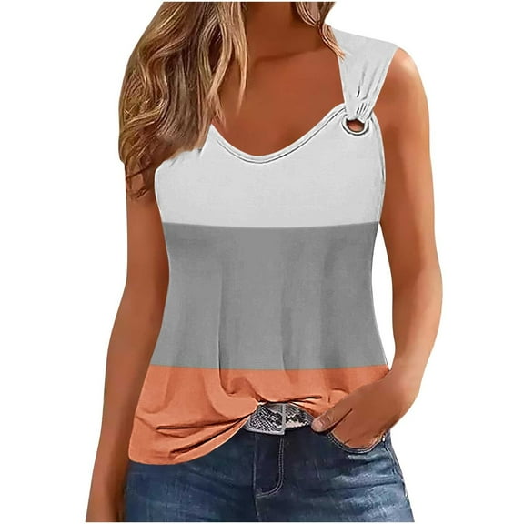 Women's Scoop Neck Elegant Going out Blouse Vintage Fashion 2024 Sleeveless Tunic Tops Loose Fit Flowy Solid Color Tank Tops Summer Clothes for Teen Girls Y2K Tops Dressy Casual Yellow T Shirts L