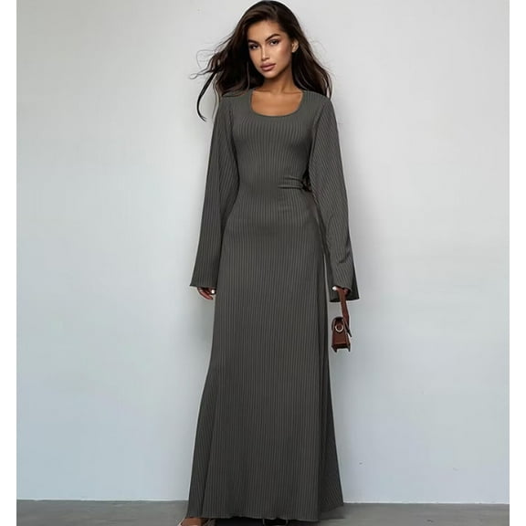 Women's Scoop Neck Lace Up Ribbed Maxi Dress Knit Flare Sleeve Bodycon Dress Loose Casual Long Dresses