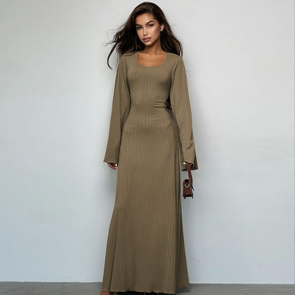 Women's Scoop Neck Lace Up Ribbed Maxi Dress Knit Flare Sleeve Bodycon Dress Loose Casual Long Dresses