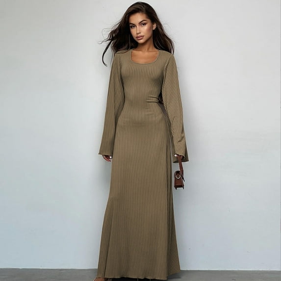 Women's Scoop Neck Lace Up Ribbed Maxi Dress Knit Flare Sleeve Bodycon Dress Loose Casual Long Dresses